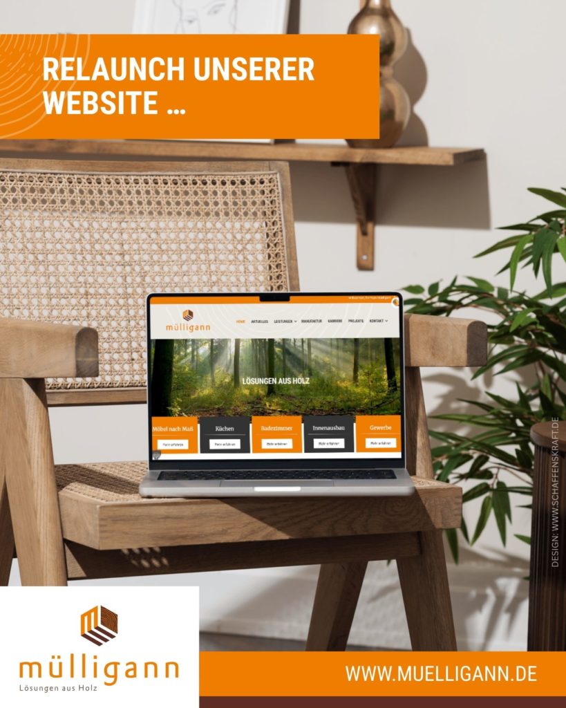 Laptop zeigt Website-Relaunch von Mülligann Holzlösungen
